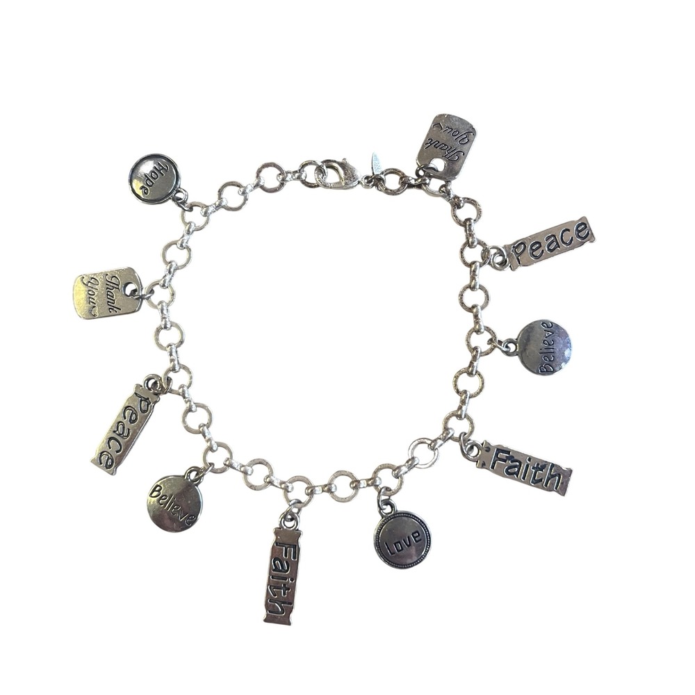 AVON Silver Tone Charm Bracelet Faith Hope Love Peace Believe Thank You Women - Picture 12 of 12